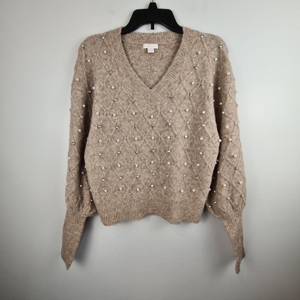 Cache XXS Tan Diamond Cable Knit‎ Pearl Rhinestone V-Neck Puff Sleeve Sweater